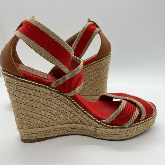TORY BURCH WOMENS RED AND TAN WEDGE ADONIS WEDGE ESPADRILLES SIZE 10B - Picture 10 of 13